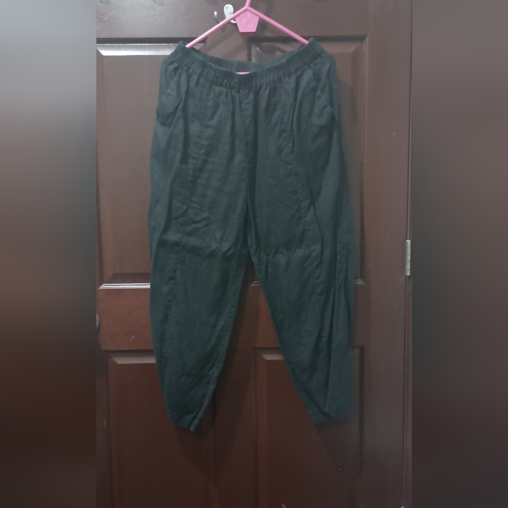 Iximo 100% Linen Black Side Pleated Pull On Wide Leg Pants Pockets Large